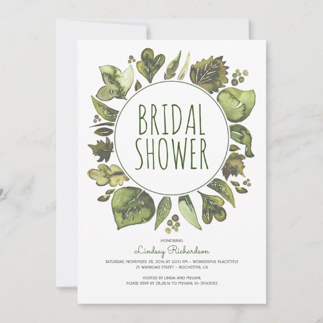Greenery Wreath Rustic Woodland Leaf Bridal Shower Invitation (Front)