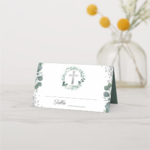 Greenery Wreath Silver Glitter First Communion Place Card
