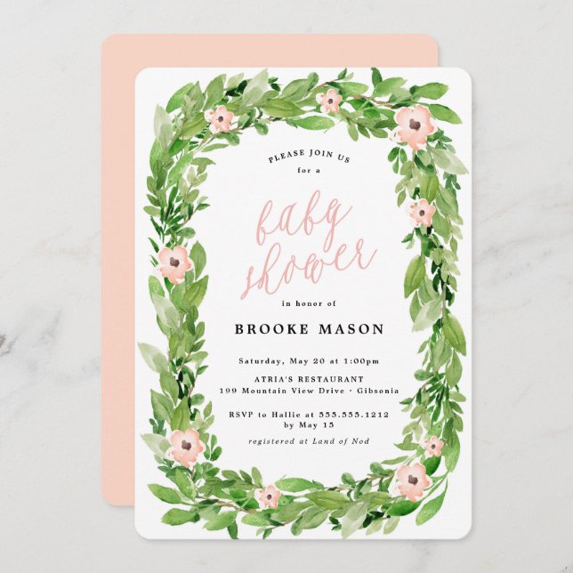 Greenery Wreath Spring Baby Shower Invitation (Front/Back)
