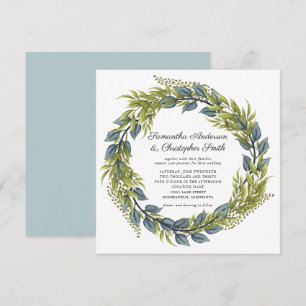 Greenery Wreath Watercolor Green and Teal Wedding Invitation