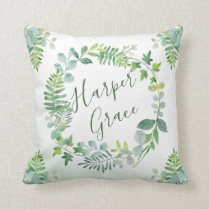 Greenery Wreath Watercolor Personalised Name Cushion