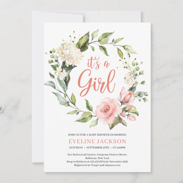 Greeney and blush floral wreath it's a girl baby invitation (Front)