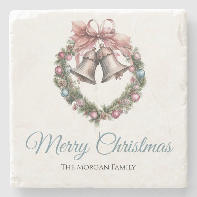 Greening Wreath Foliage & Pink Ribbon Bow Stone Coaster (Front)