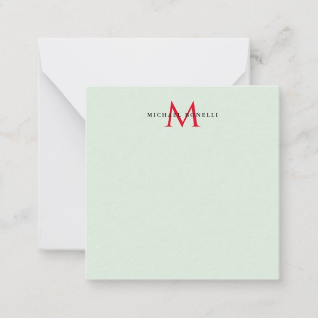 Greenish Grey & Red Monogram Modern Minimalist Card (Front)