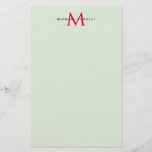 Greenish Grey & Red Monogram Modern Minimalist Stationery