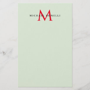 Greenish Grey & Red Monogram Modern Minimalist Stationery