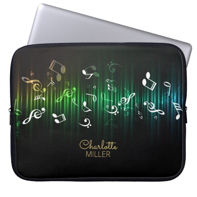Greenish Music Notes and Custom Name Laptop Sleeve (Front)