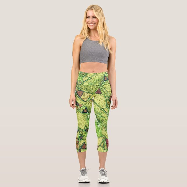 Greenish pale yellow painted volcanic rock drawing capri leggings (Front)