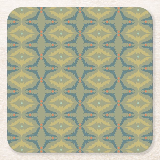 Greenish Retro Vintage Pattern Square Paper Coaster (Front)