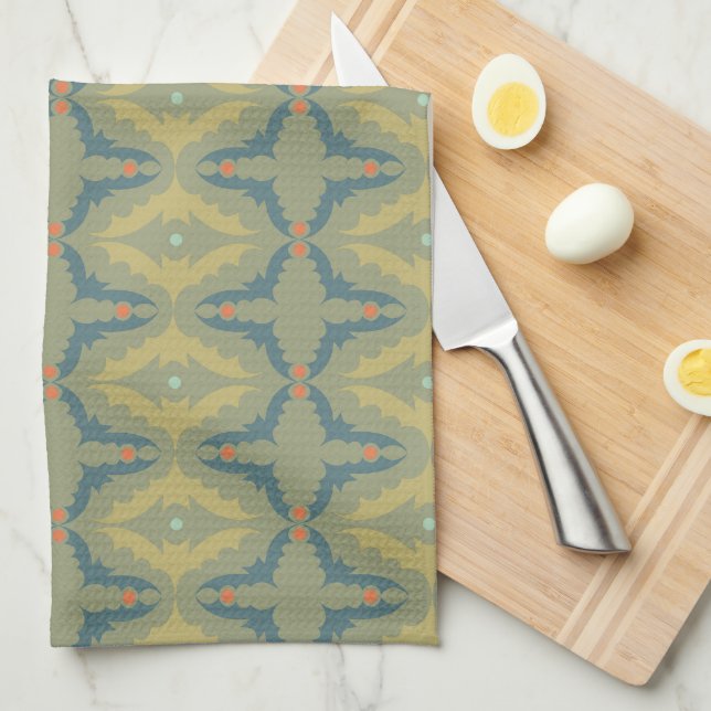 Greenish Retro Vintage Pattern Tea Towel (Quarter Fold)