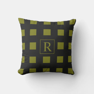 Greenish Yellow Squares Patterns Monograms Black Cushion