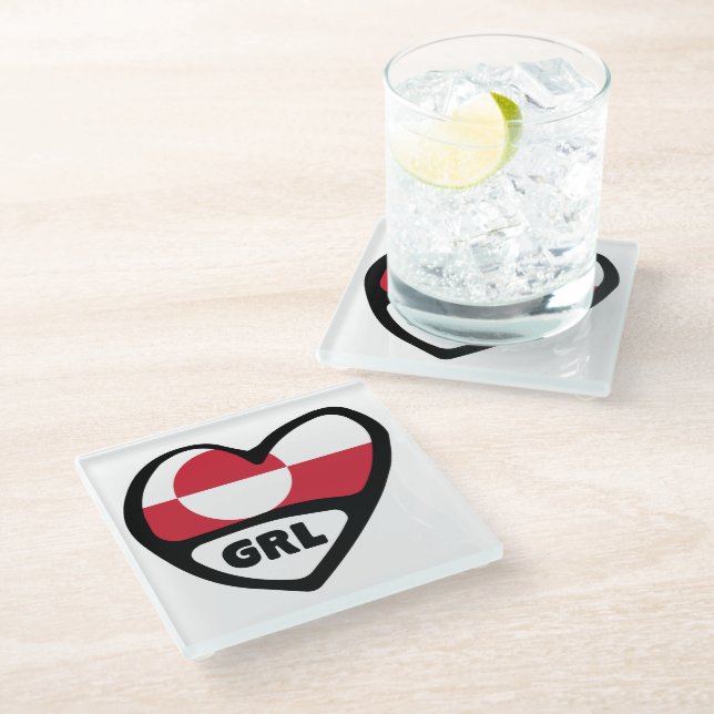 Greenland Country Code Flag Heart Pin Badge, GRL Glass Coaster (Angled)