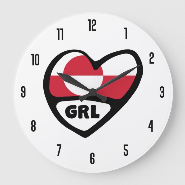 Greenland Country Code GRL Flag Heart Large Clock (Front)