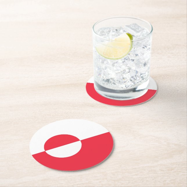 Greenland flag round paper coaster (Insitu)
