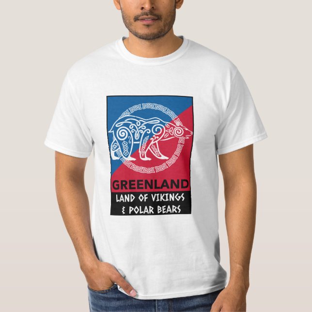 Greenland Land Of Vikings & Polar Bear Blue Red T-Shirt (Front)