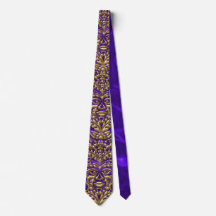 GreenMan liquid gold damask on purple satin print Tie