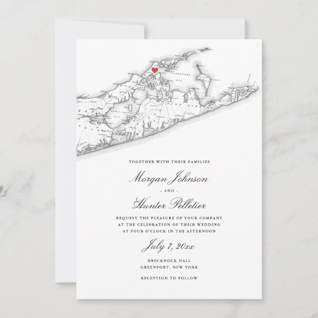 Greenport NY Map Elegant Black White Wedding  Invitation (Front)