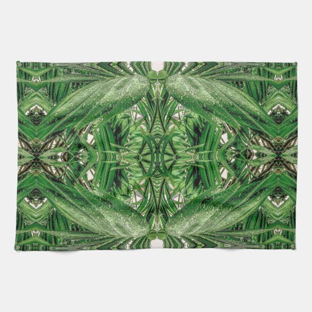 Greens and Raindrops Pattern Tea Towel (Horizontal)