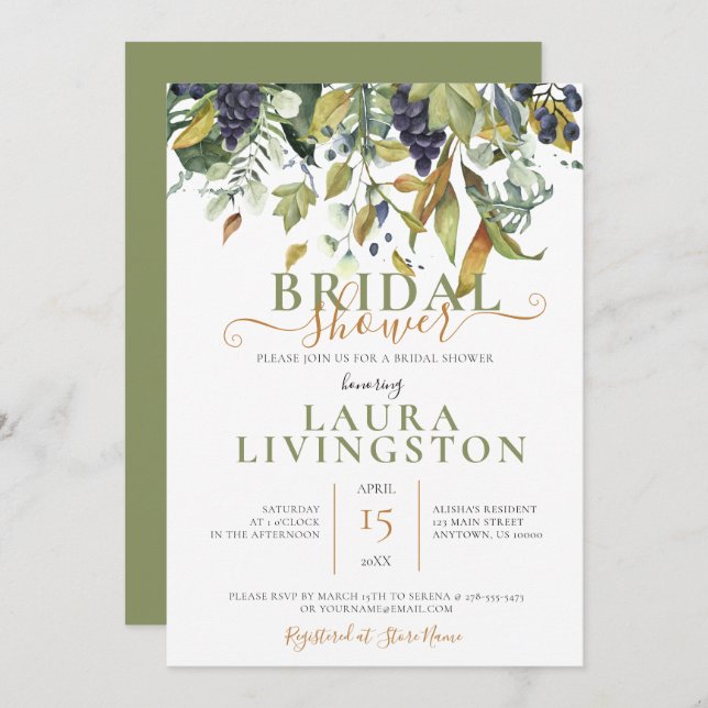 Greens & Grapes, Wedding Bridal Shower Invitation (Front/Back)
