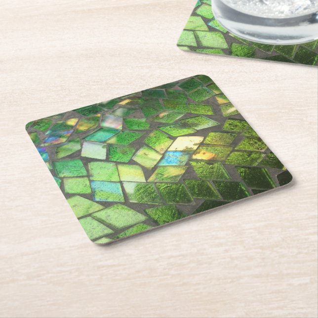 greens mosaic glass square paper coaster (Angled)