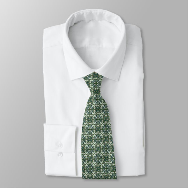 Greens, Teal & Khaki Art Deco Pattern Tie (Tied)