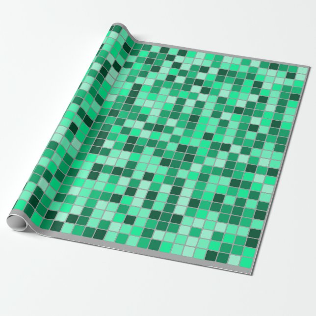 Greens/Teals Tiles Pattern (Grey Background) Wrapping Paper (Unrolled)