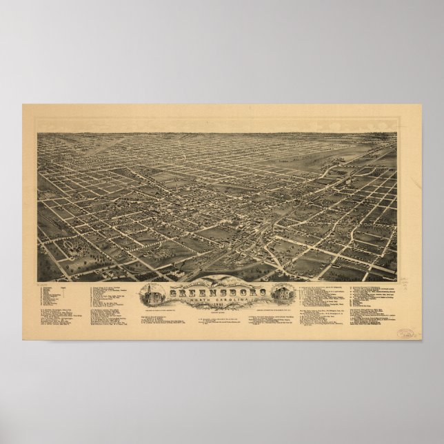 Greensboro N. Carolina 1891 Antique Panoramic Map Poster (Front)