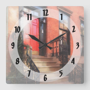 Greenwich Village Brownstone with Red Door Square Wall Clock
