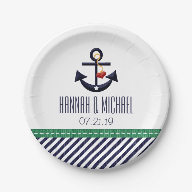 Greeny and Navy Blue Nautical Anchor Wedding Paper Plate (Front)