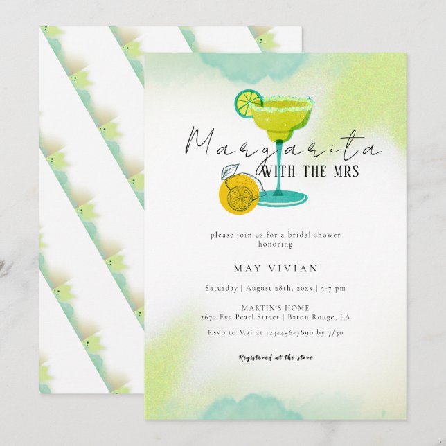 Greeny Watercolor Margarita Lime Bridal Shower Invitation (Front/Back)