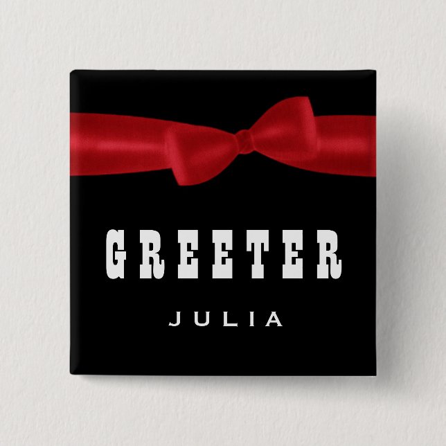 GREETER Wedding Custom Name V02S RED 15 Cm Square Badge (Front)