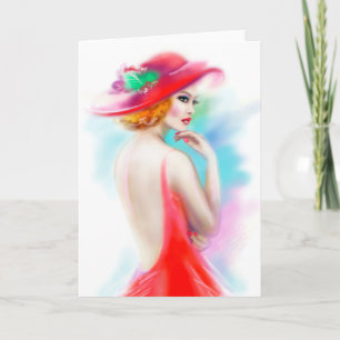 Greeting Card beautiful woman in red hat