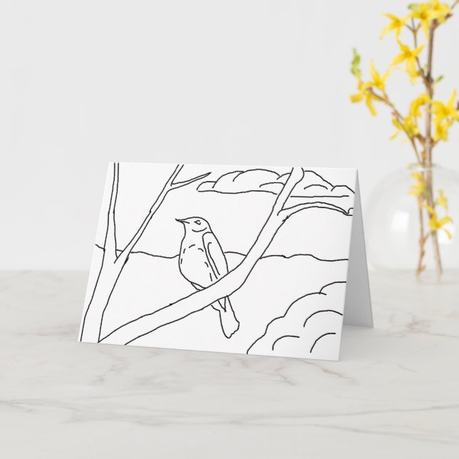 Greeting Card - Bird in Branches (Yellow Flower)