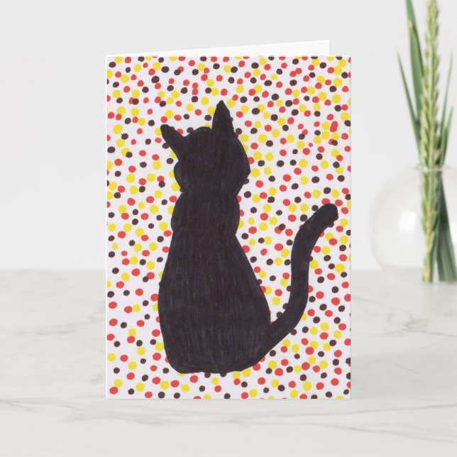 Greeting Card - Black Cat Against Coloured Dots (Front)