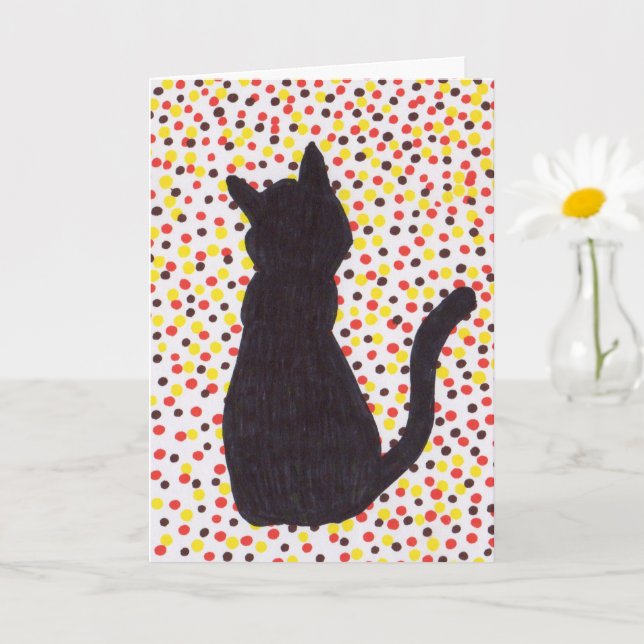 Greeting Card - Black Cat Against Coloured Dots (Small Plant)