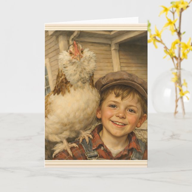 Greeting Card -Cute Boy With Chicken  (Yellow Flower)