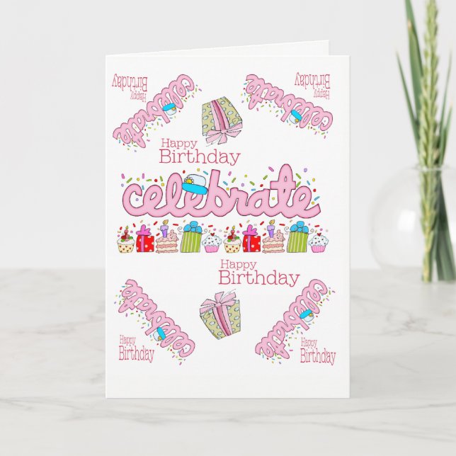 Greeting Card  Happy Birthday  Celebrate Pink  (Front)