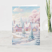 Greeting Card Pink and Snowy Village Holiday Card 