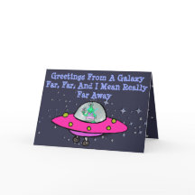 Greeting Card with Alien, Spaceship, and Saturn