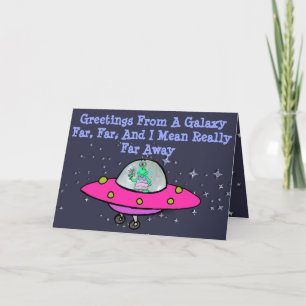 Greeting Card with Alien, Spaceship, and Saturn