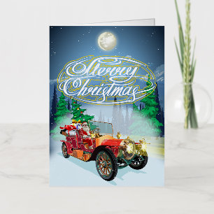 Greeting Christmas card with vintage car and Santa