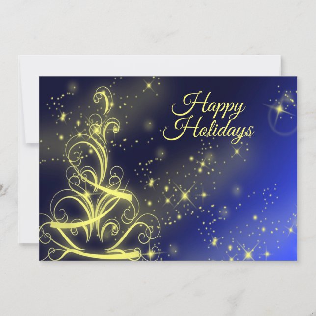 Greeting Christmas Tree Gold Stars Navy Blue Holiday Card (Front)