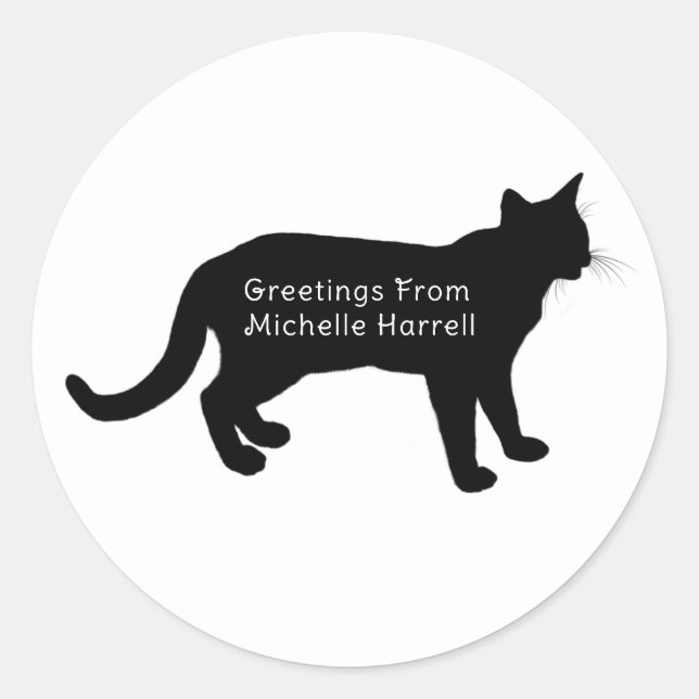 Greeting From Personalised Black Silhouette Cat Classic Round Sticker (Front)