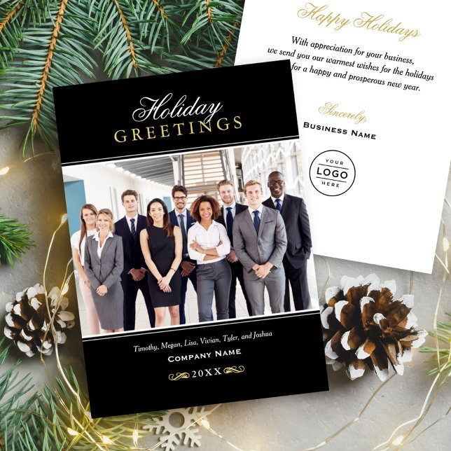 Greetings Black and Gold Business Company Photo Holiday Card (Creator Uploaded)