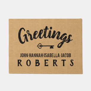 Greetings Burlap Farmhouse Feedsack Personalised Doormat