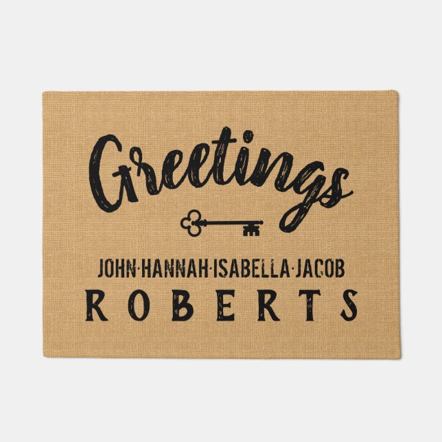 Greetings Burlap Farmhouse Feedsack Personalised Doormat (Front)
