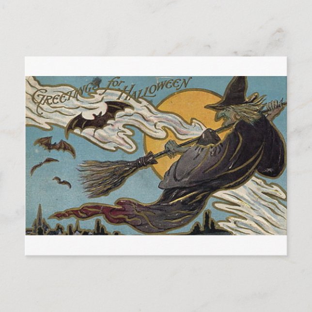 Greetings For Halloween Flying Witch and Bats Postcard (Front)