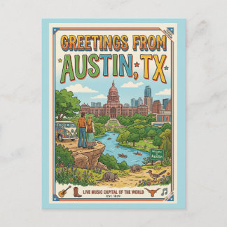 Greetings From Austin TX Retro Colourful Postcard