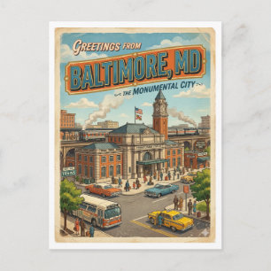 Greetings From Baltimore MD Train Station Retro Postcard