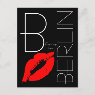 Greetings from Berlin Red Lipstick Kiss Black Postcard
